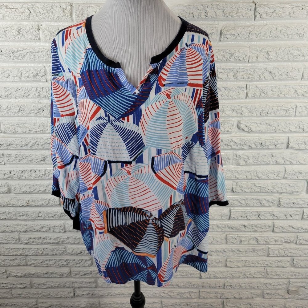 Ulla Popken Women's Plus Size 20 22 Blue Geometric Viscose 3/4 Sleeve GEO241XE
